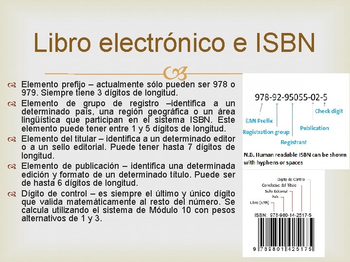 Libro electrónico e ISBN Elemento prefijo – actualmente sólo pueden ser 978 o 979.