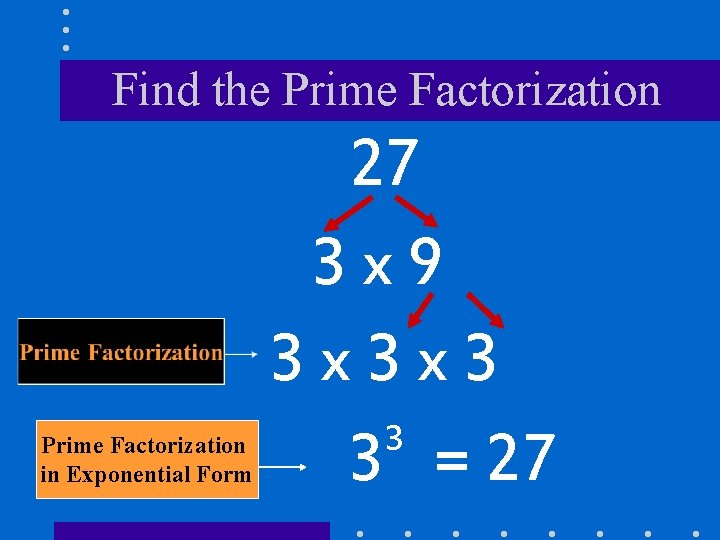 Find the Prime Factorization in Exponential Form 27 3 x 9 3 x 3