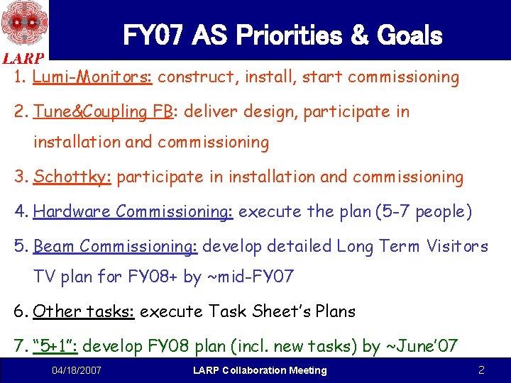 FY 07 AS Priorities & Goals 1. Lumi-Monitors: construct, install, start commissioning 2. Tune&Coupling FY 07 AS Priorities & Goals 1. Lumi-Monitors: construct, install, start commissioning 2. Tune&Coupling