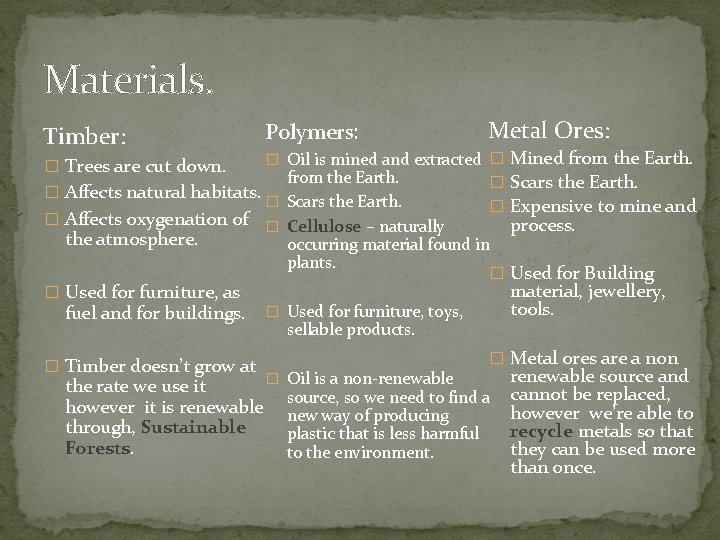 Materials. Timber: � Trees are cut down. Polymers: Metal Ores: Mined from the Earth.