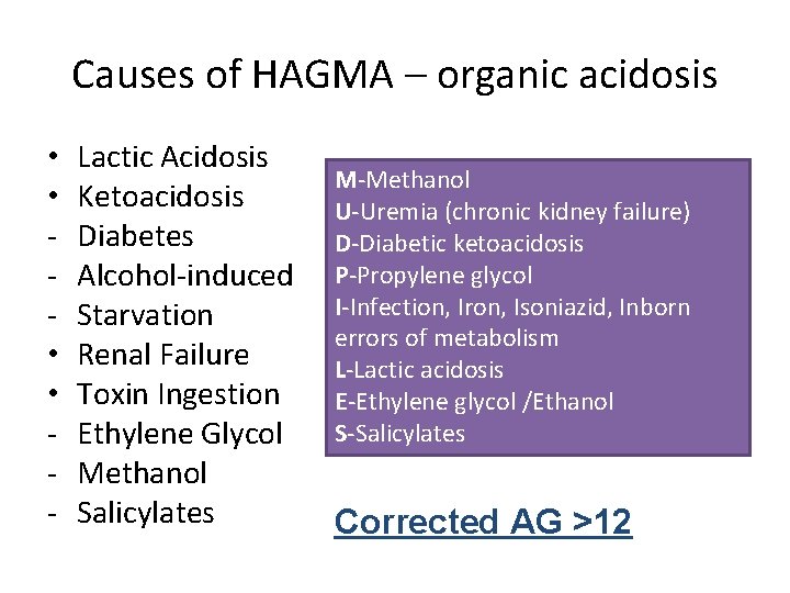 Causes of HAGMA – organic acidosis • • - Lactic Acidosis Ketoacidosis Diabetes Alcohol-induced