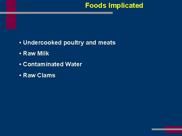 Foods Implicated • Undercooked poultry and meats • Raw Milk • Contaminated Water •