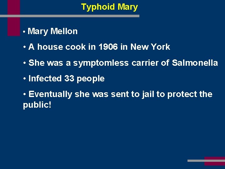 Typhoid Mary • Mary Mellon • A house cook in 1906 in New York
