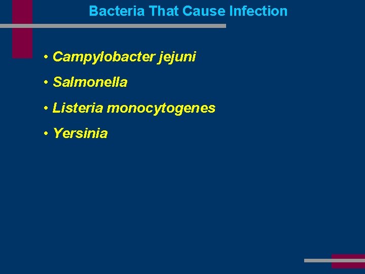 Bacteria That Cause Infection • Campylobacter jejuni • Salmonella • Listeria monocytogenes • Yersinia