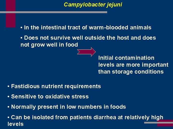 Campylobacter jejuni • In the intestinal tract of warm-blooded animals • Does not survive