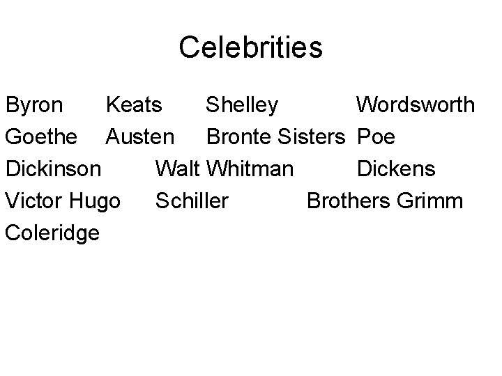 Celebrities Byron Keats Shelley Wordsworth Goethe Austen Bronte Sisters Poe Dickinson Walt Whitman Dickens