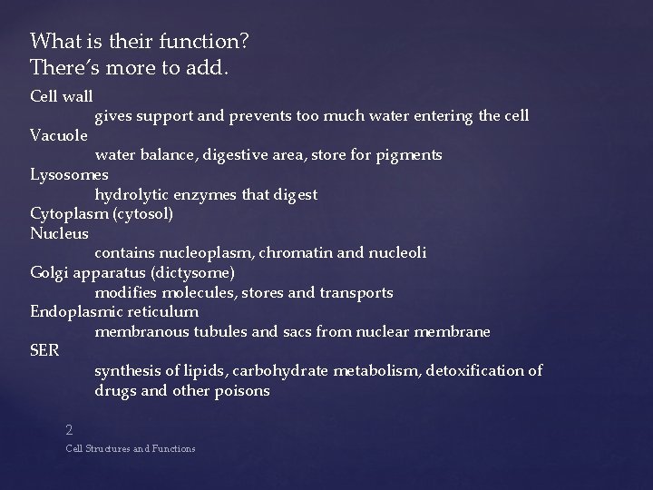 What is their function? There’s more to add. Cell wall Vacuole gives support and