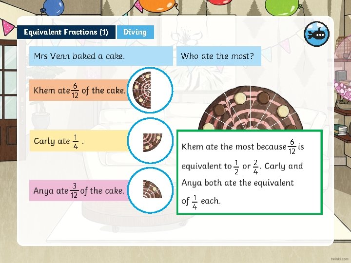 Equivalent Fractions (1) Diving Mrs Venn baked a cake. Who ate the most? 6