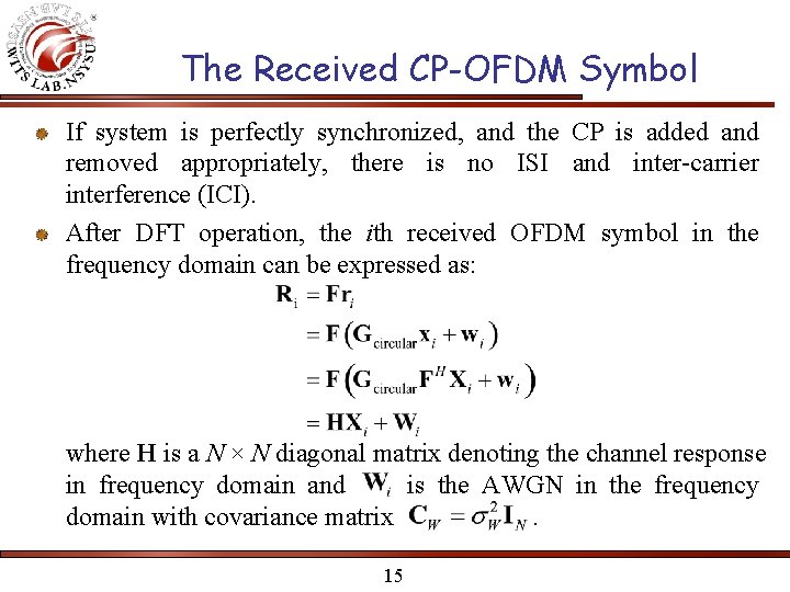 The Received CP-OFDM Symbol If system is perfectly synchronized, and the CP is added The Received CP-OFDM Symbol If system is perfectly synchronized, and the CP is added
