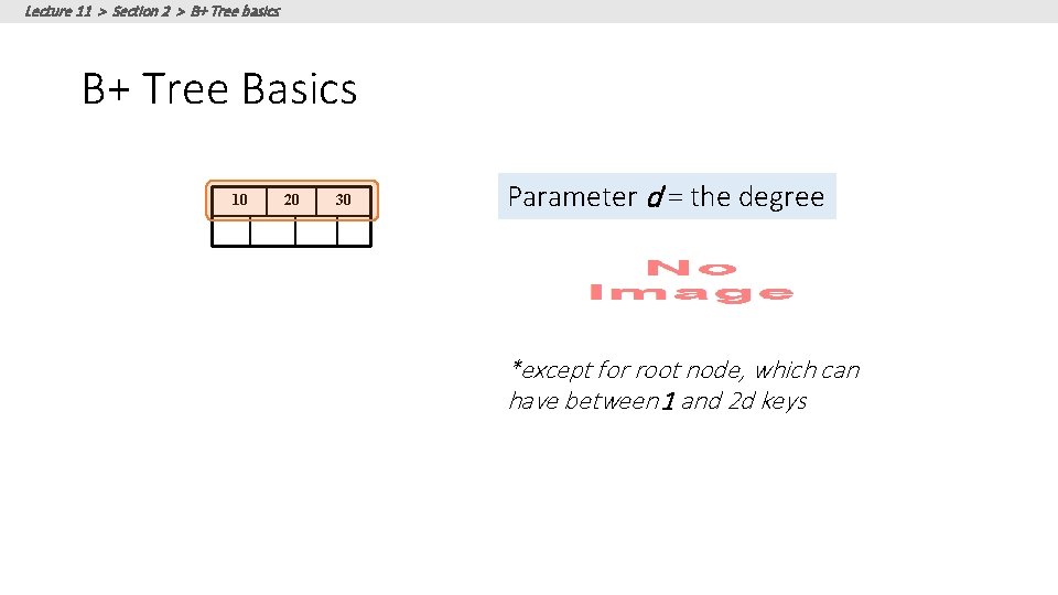 Lecture 11 > Section 2 > B+ Tree basics B+ Tree Basics 10 20 Lecture 11 > Section 2 > B+ Tree basics B+ Tree Basics 10 20