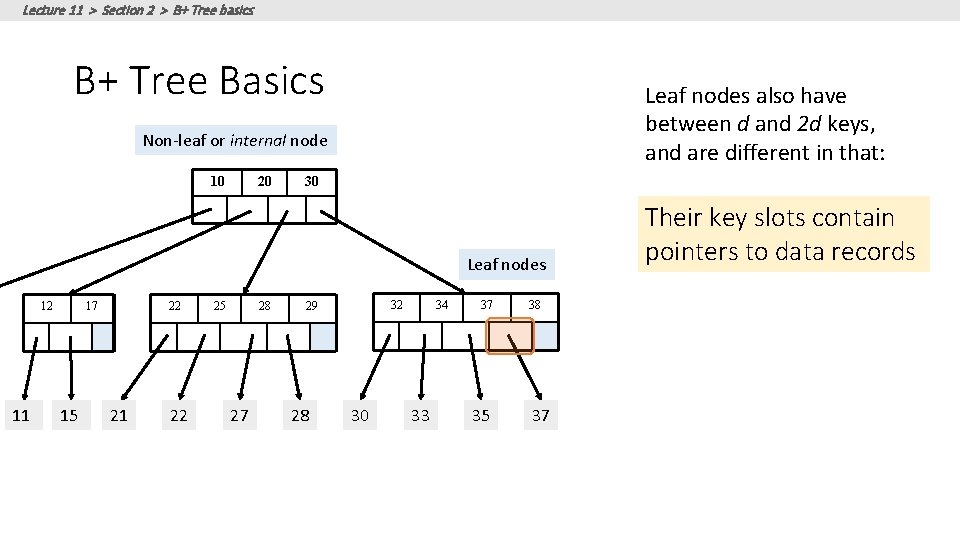 Lecture 11 > Section 2 > B+ Tree basics B+ Tree Basics Leaf nodes Lecture 11 > Section 2 > B+ Tree basics B+ Tree Basics Leaf nodes