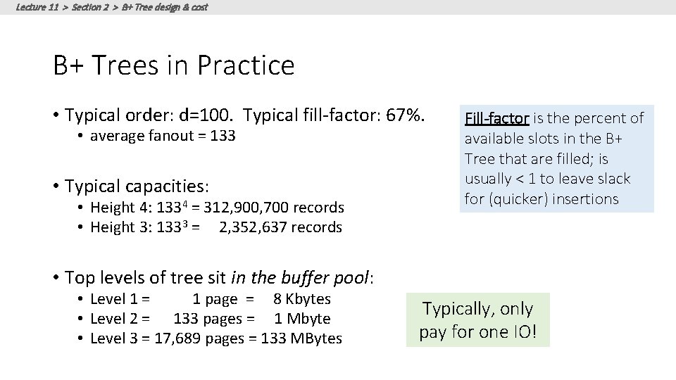 Lecture 11 > Section 2 > B+ Tree design & cost B+ Trees in Lecture 11 > Section 2 > B+ Tree design & cost B+ Trees in