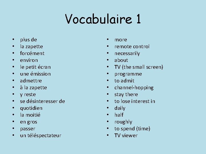 Vocabulaire 1 • • • • plus de la zapette forcément environ le petit