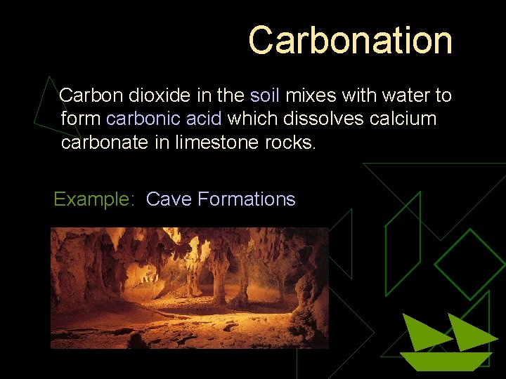 Carbonation Carbon dioxide in the soil mixes with water to form carbonic acid which
