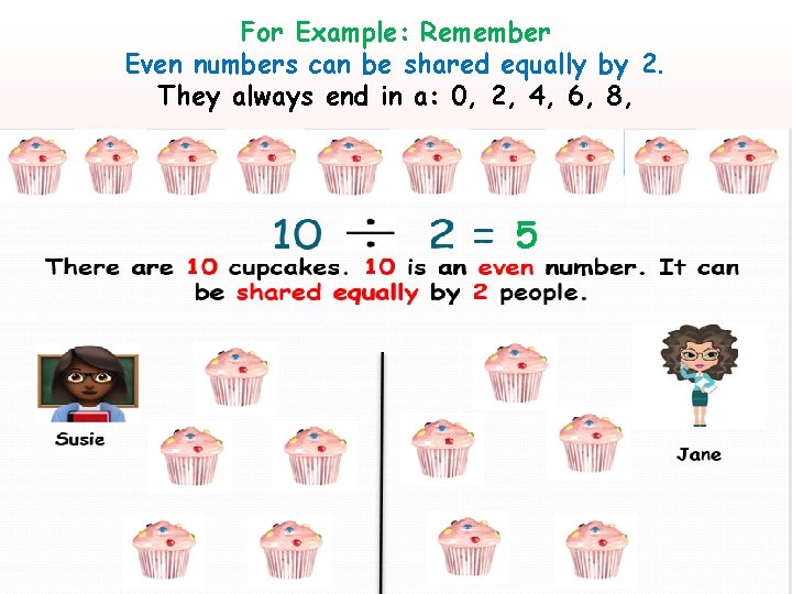 For Example: Remember Even numbers can be shared equally by 2. They always end For Example: Remember Even numbers can be shared equally by 2. They always end