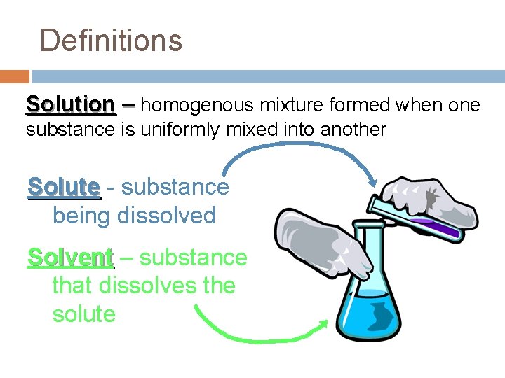 Definitions Solution – homogenous mixture formed when one substance is uniformly mixed into another