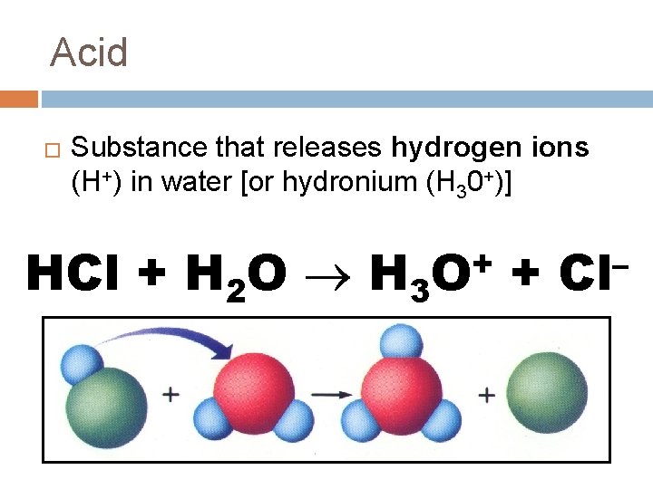 Acid � Substance that releases hydrogen ions (H+) in water [or hydronium (H 30+)]