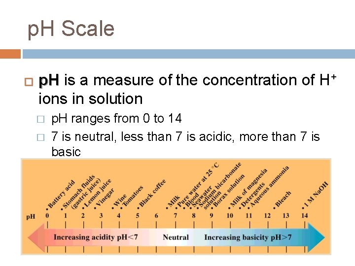 p. H Scale � p. H is a measure of the concentration of H+