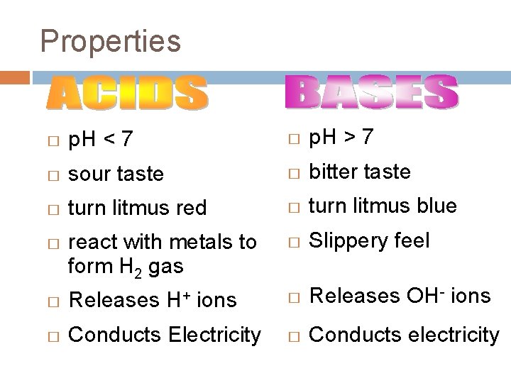 Properties � p. H < 7 � p. H > 7 � sour taste