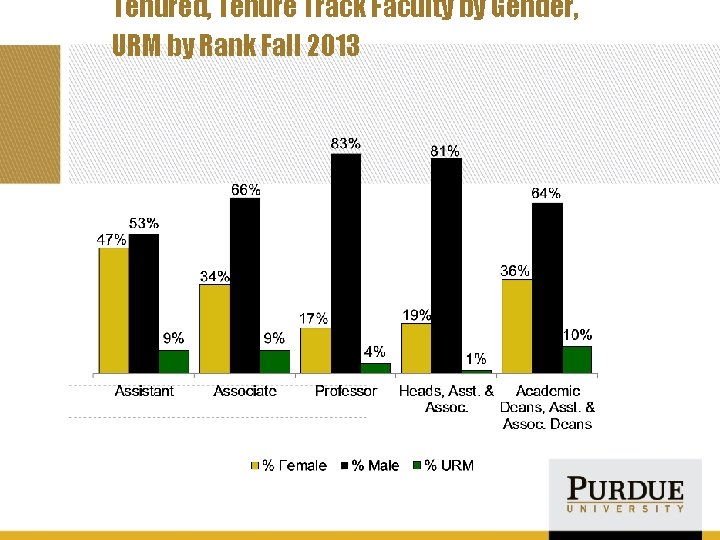 Tenured, Tenure Track Faculty by Gender, URM by Rank Fall 2013 