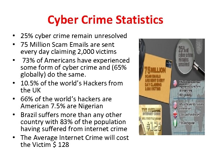 Cyber Crime Statistics • 25% cyber crime remain unresolved • 75 Million Scam Emails
