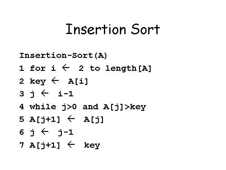 Insertion Sort Insertion-Sort(A) 1 for i 2 to length[A] 2 key A[i] 3 j