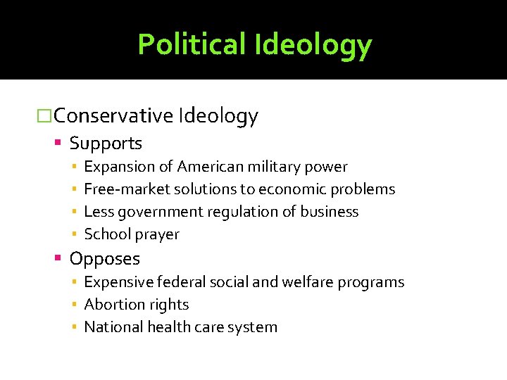 Political Ideology �Conservative Ideology Supports ▪ ▪ Expansion of American military power Free-market solutions