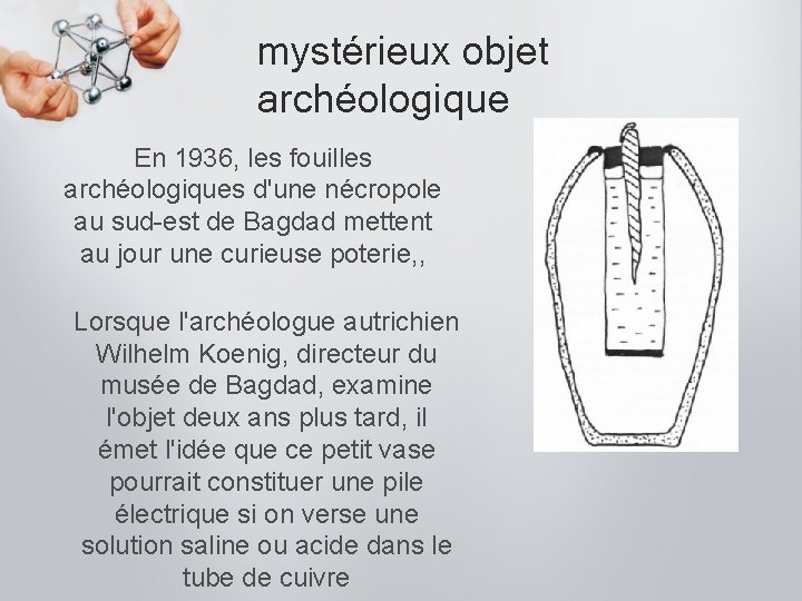 mystérieux objet archéologique En 1936, les fouilles archéologiques d'une nécropole au sud-est de Bagdad