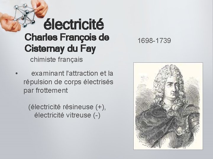 électricité Charles François de Cisternay du Fay chimiste français • examinant l'attraction et la