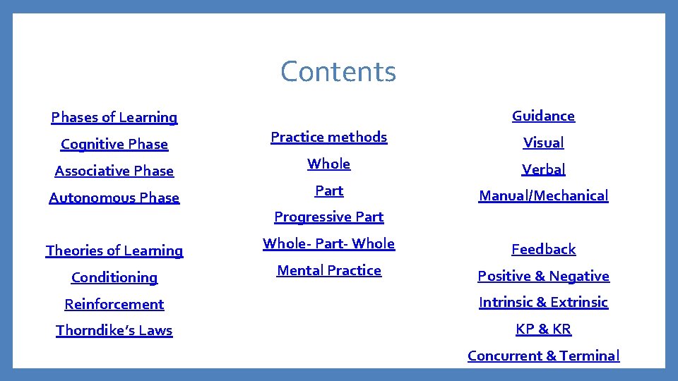 Contents Guidance Phases of Learning Cognitive Phase Practice methods Visual Associative Phase Whole Verbal