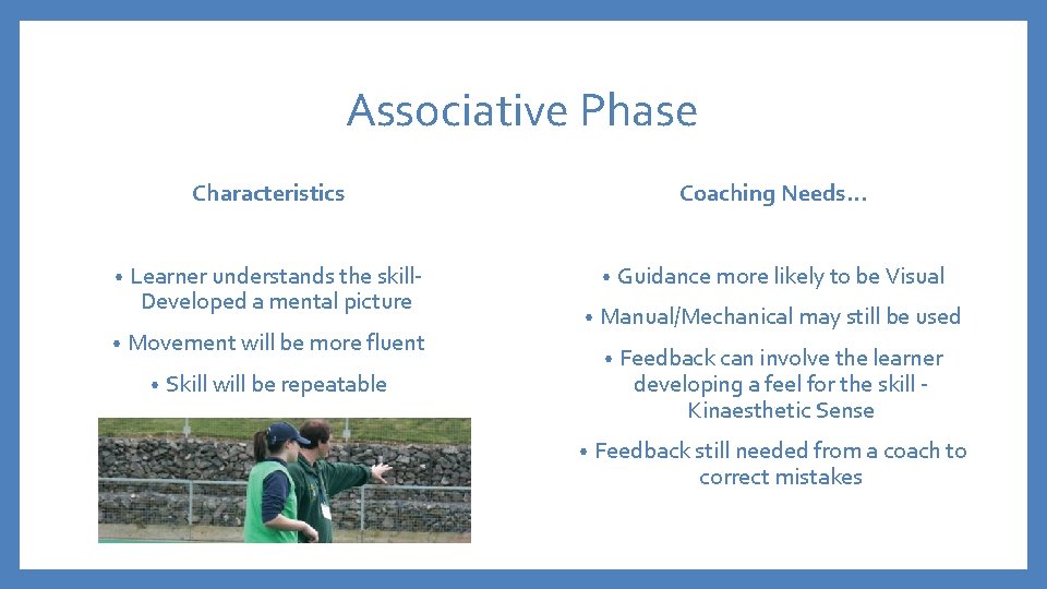 Associative Phase Characteristics • • Learner understands the skill. Developed a mental picture Movement