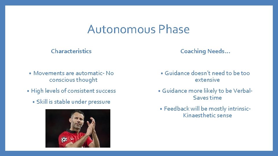 Autonomous Phase Characteristics • • Coaching Needs… Movements are automatic- No conscious thought High
