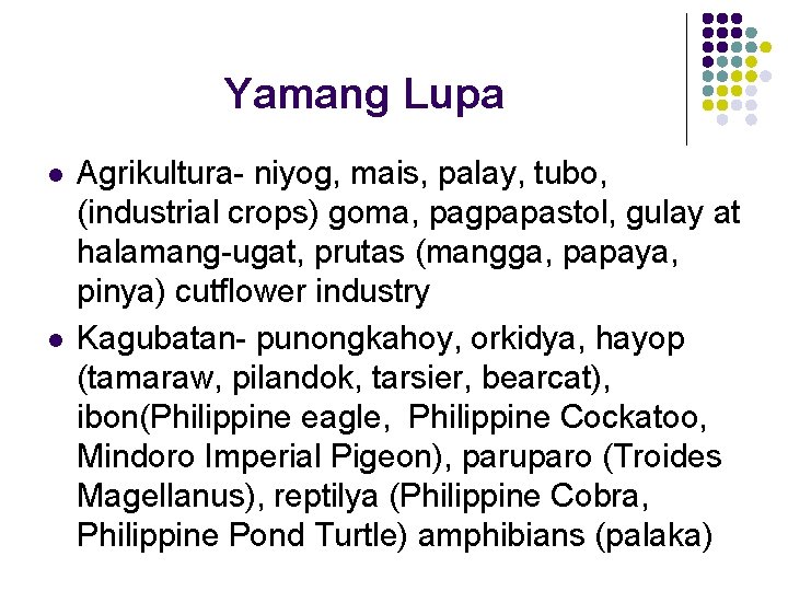 Yamang Lupa l l Agrikultura- niyog, mais, palay, tubo, (industrial crops) goma, pagpapastol, gulay Yamang Lupa l l Agrikultura- niyog, mais, palay, tubo, (industrial crops) goma, pagpapastol, gulay