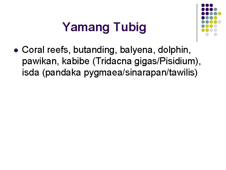 Yamang Tubig l Coral reefs, butanding, balyena, dolphin, pawikan, kabibe (Tridacna gigas/Pisidium), isda (pandaka Yamang Tubig l Coral reefs, butanding, balyena, dolphin, pawikan, kabibe (Tridacna gigas/Pisidium), isda (pandaka
