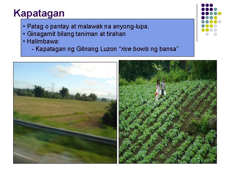 Kapatagan • Patag o pantay at malawak na anyong-lupa. • Ginagamit bilang taniman at Kapatagan • Patag o pantay at malawak na anyong-lupa. • Ginagamit bilang taniman at