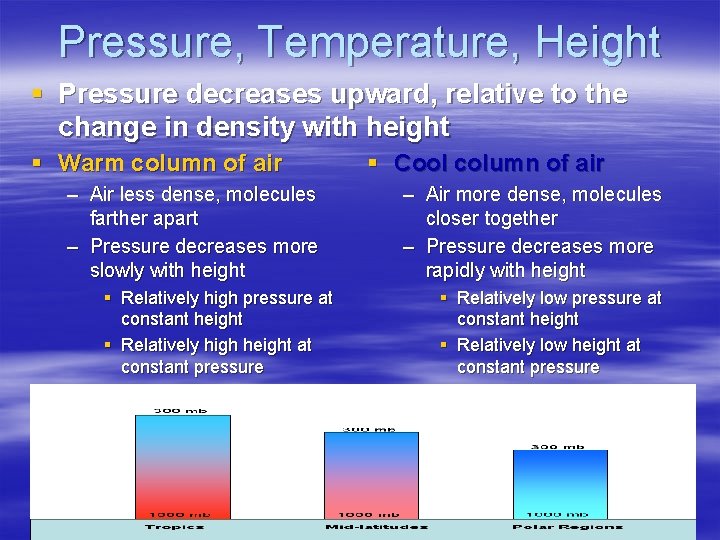Pressure, Temperature, Height § Pressure decreases upward, relative to the change in density with