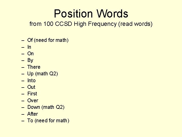 Position Words from 100 CCSD High Frequency (read words) – – – – Of