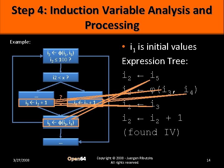 Step 4: Induction Variable Analysis and Processing Example: i 2 ← φ(i 1, i