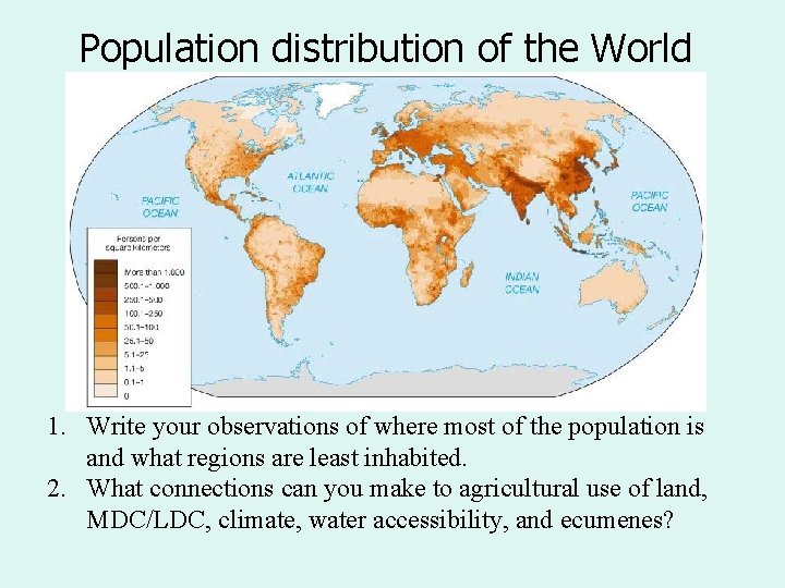 Population distribution of the World 1. Write your observations of where most of the