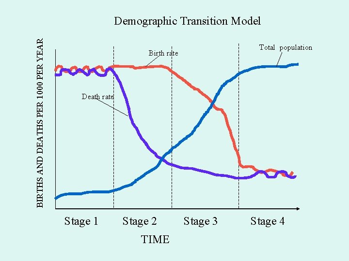 BIRTHS AND DEATHS PER 1000 PER YEAR Demographic Transition Model Total population Birth rate