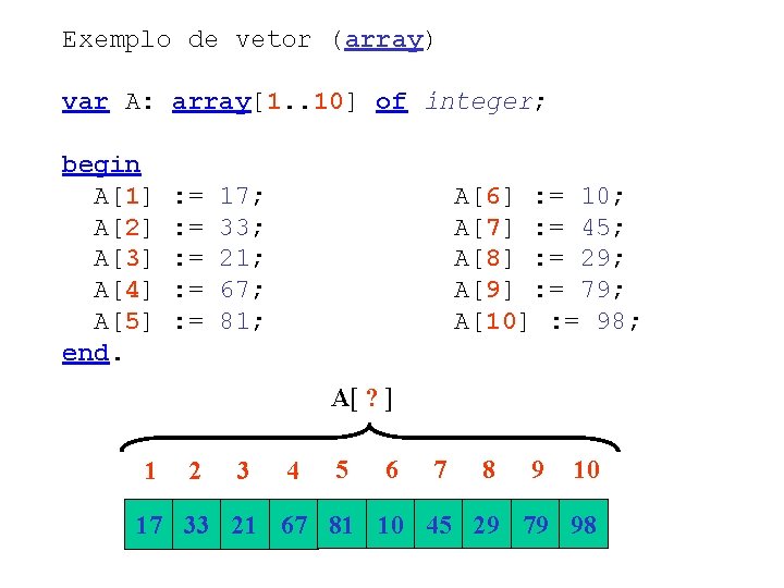 Exemplo de vetor (array) var A: array[1. . 10] of integer; begin A[1] A[2]