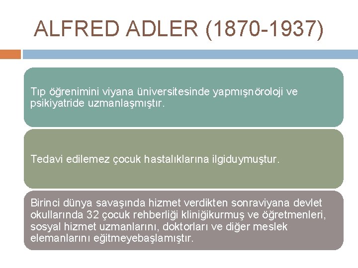 ALFRED ADLER (1870 -1937) Tıp öğrenimini viyana üniversitesinde yapmışnöroloji ve psikiyatride uzmanlaşmıştır. Tedavi edilemez