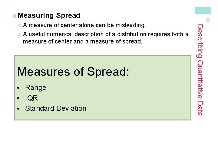 Spread A measure of center alone can be misleading. n A useful numerical description