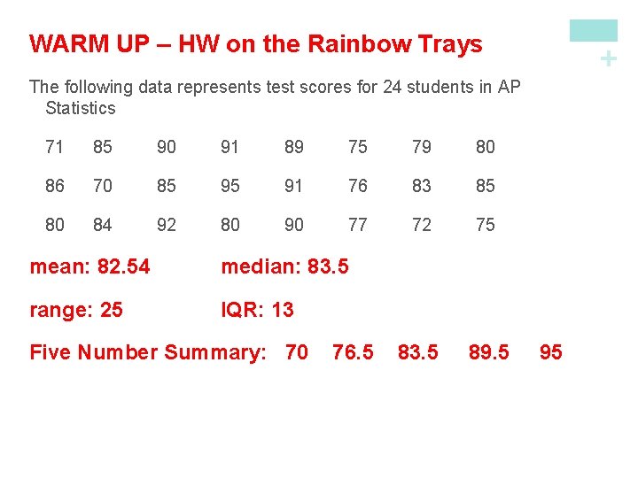 + WARM UP – HW on the Rainbow Trays The following data represents test
