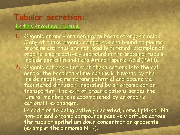 Tubular secretion: In the Proximal Tubule 1. Organic anions - are conjugate bases of