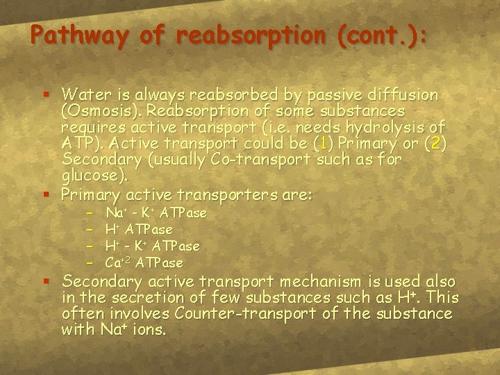 Pathway of reabsorption (cont. ): § Water is always reabsorbed by passive diffusion (Osmosis).