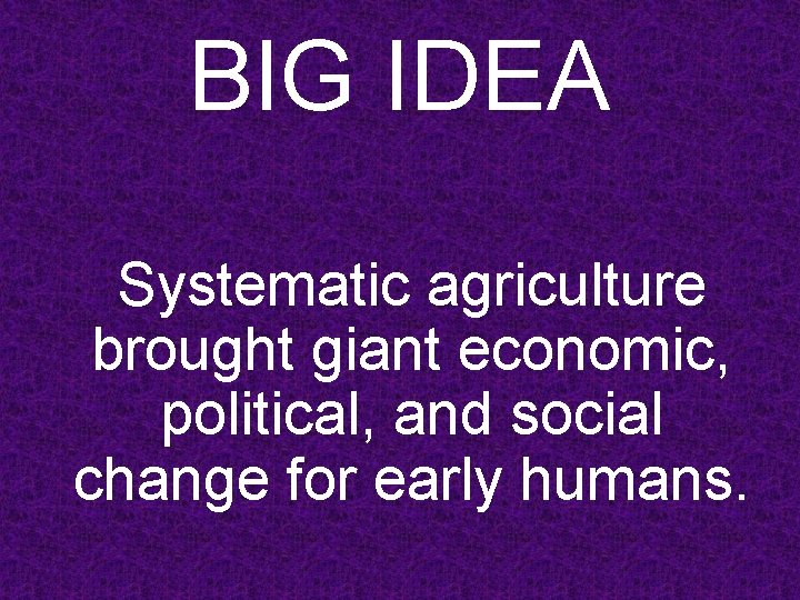 BIG IDEA Systematic agriculture brought giant economic, political, and social change for early humans.