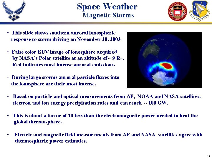 Space Weather Magnetic Storms • This slide shows southern auroral ionospheric response to storm