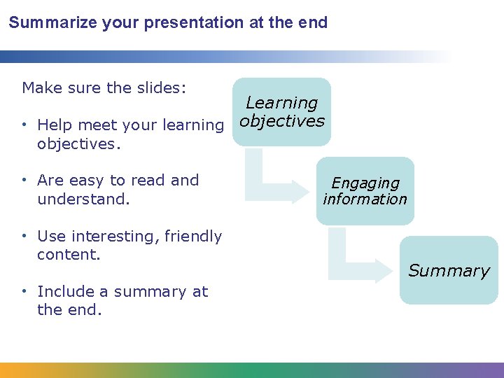 Summarize your presentation at the end Make sure the slides: Learning • Help meet