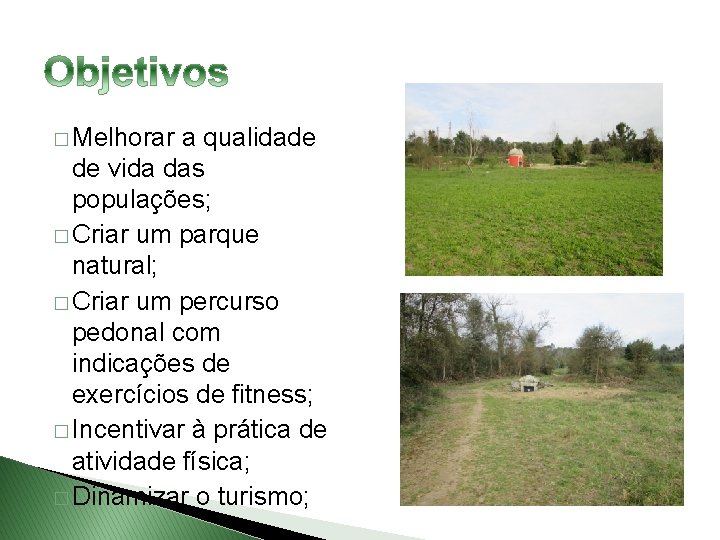 � Melhorar a qualidade de vida das populações; � Criar um parque natural; �